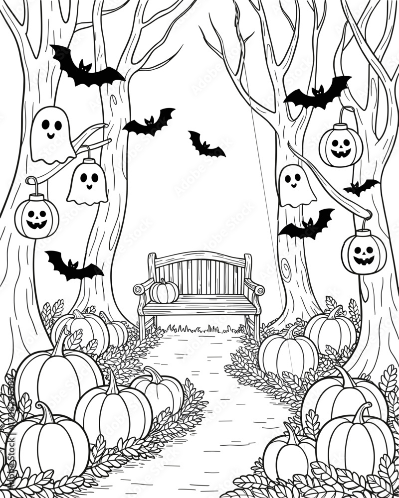 Fototapeta premium Cozy Halloween Wonderland: Cute Spooky Animal Scenes for Relaxation and Stress Relief: Whimsical Halloween Coloring Pages with Cats, Ghosts, Pumpkins, and Friendly Animals for Adults