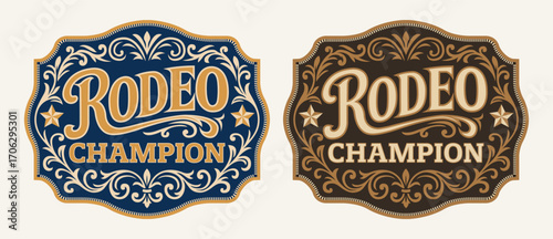 Rodeo Champion Cowboy Label style belt buckle bull rider medal typographic emblem ornate vector design