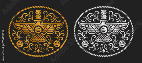 Eagle Native American style Label belt buckle design symbols wild west cowboy tag stylized Western rodeo vector design.
