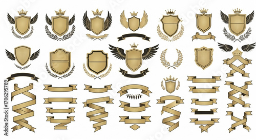 Wings with intricate feather details flanking some of the shields.