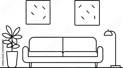 Line art illustration of a living room interior with sofa, plant, and lamp, isolated on white background