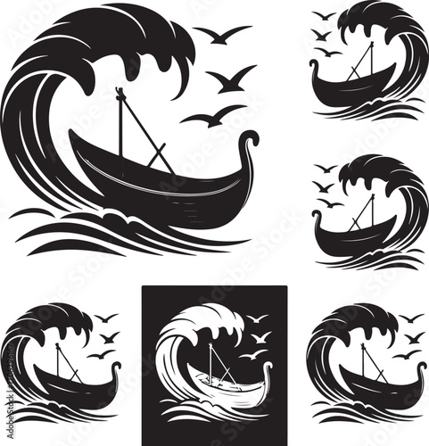 Monochromatic Viking Ship Fleet Navigating a Turbulent Ocean with Soaring Birds Artistic Nautical Tattoo Design Collection of Six