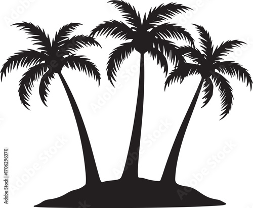 Silhouettes of three tropical palm trees on a small island evoking a vacation paradise scene silhouette