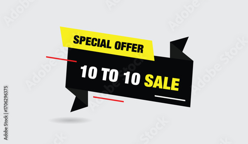 10 to 10 sale special offer editable vector art illustration web banner icon template design yellow black shapes light gray clean background promotion discount advertising graphics layout creative sty