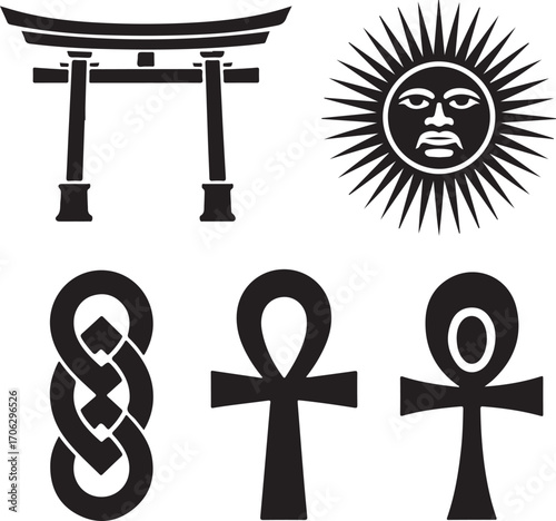 Illustrative Symbols from Diverse Cultures Japanese Gate Sun Deity Celtic Knot and Egyptian Ankhs Representing Heritage