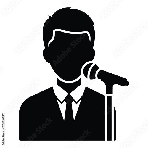 Silhouette of a man speaking into a microphone representing public speaking and communication silhouette