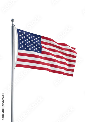 Pristine United States of America flag, gracefully waving on sleek silver flagpole, isolated on transparent studio background with copy space. Concept of national pride.