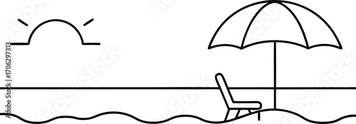 A simple line drawing of a sunny beach with an umbrella and chair, isolated on a white background