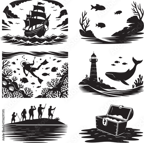 Black and White Nautical Adventures Silhouettes Exploring the Depths of the Ocean Discovering Hidden Treasures and Coastal Landscapes