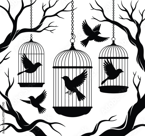 Black silhouette birds inside hanging cages with flying birds outside, tree branches, freedom concept, nature, wildlife, decorative art illustration