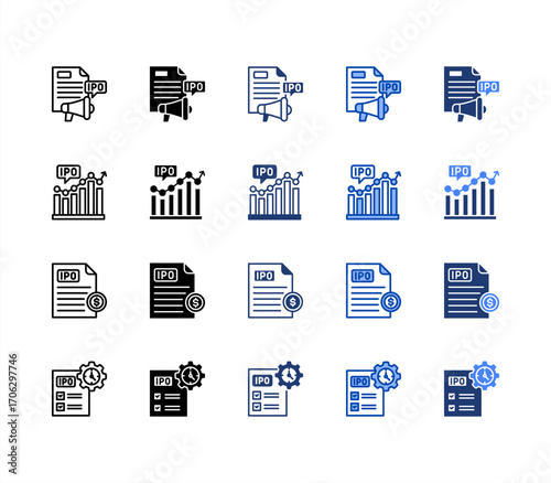 IPO, Prospectus, Stock market, Preparation, multiple style icon set.