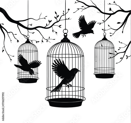 Black silhouette of birds flying out of cages hanging on tree branches, freedom concept, nature, escape, wildlife, birdcage illustration