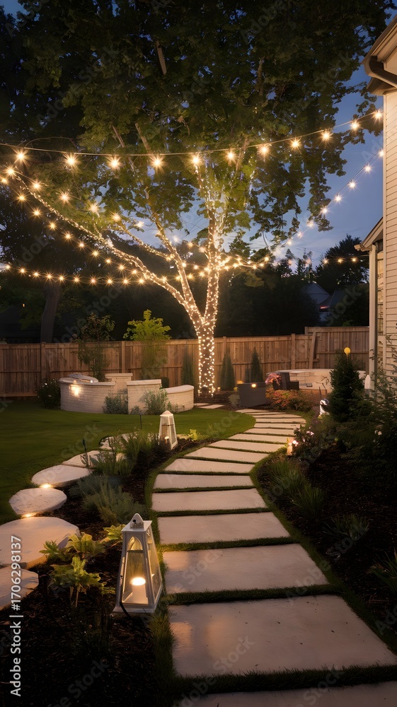 Obraz premium Enchanting Backyard Pathway Illuminated by String Lights and Lanterns