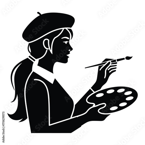 Silhouette of a female artist holding a paintbrush and palette creating art silhouette