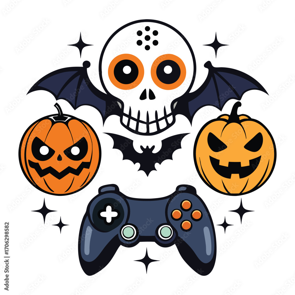 Fototapeta premium Halloween gamer controller skull pumpkins fun