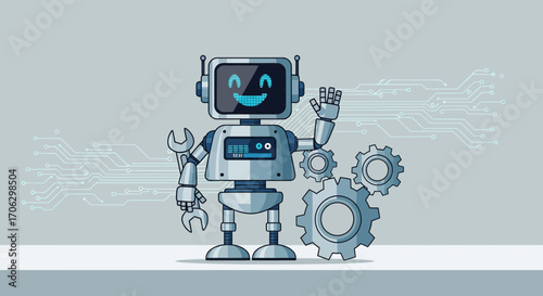 Smiling Robot Shows Technical Repair Abilities With Gears, Circuit and Friendly Face