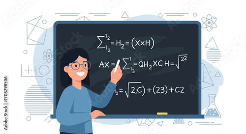 Smiling Professor Explains Complex Mathematical Formulas On The Blackboard In The Classroom