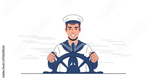Smiling Sailor Guiding the Ship Through Vast Waters with Focus and Determination