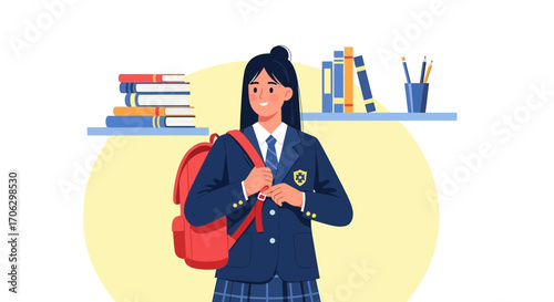 Smiling Schoolgirl With Backpack Standing Near Bookshelf And School Supplies Illustration