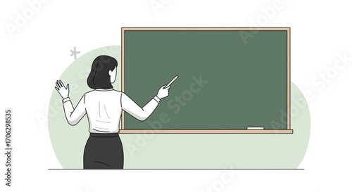 Teacher Presenting Information On Empty Blackboard In A Classroom Environment
