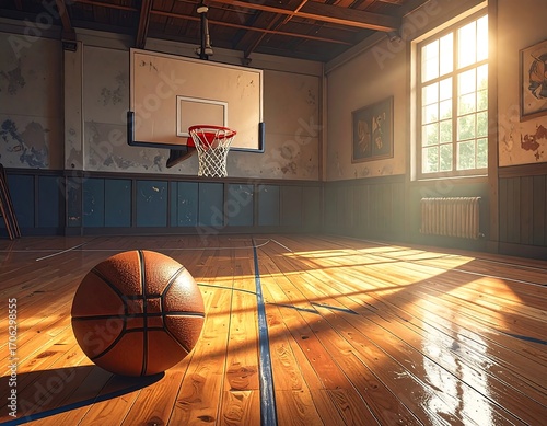 Basketball court interior, sunlit