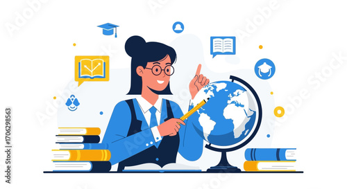 Teacher Presents Globe Education Concept Representing Global Knowledge for Students Worldwide