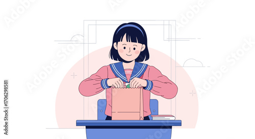 Smiling Student Reveals Contents Of A Paper Bag At Her Desk Vector Illustration