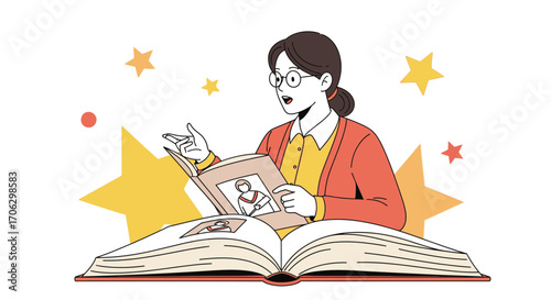 Teacher Reading a Book to a Group and Explaining Lessons with Enthusiasm