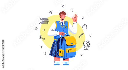 Smiling Student with Backpack and School Supplies Greeting Enthusiastically with a Happy Wave