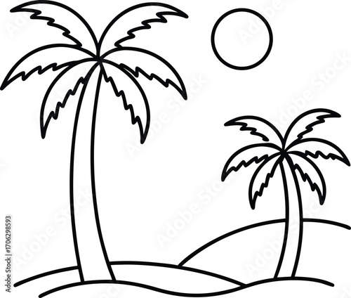 A minimalist line drawing of a tropical beach with palm trees and the sun, isolated on white background