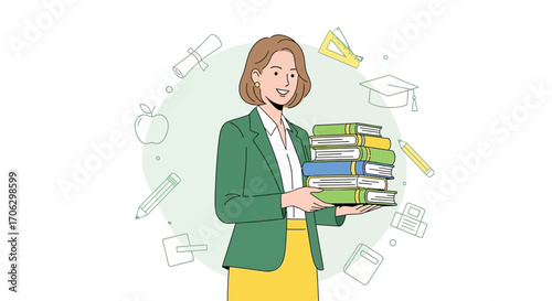 Smiling Teacher Holding Stacks Of Learning Materials With School Supplies Around