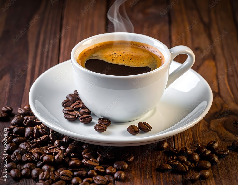 Obraz premium Espresso in white cup, coffee beans scattered