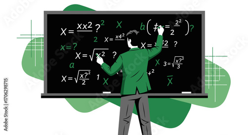Teacher Writing Complex Equations on Blackboard Detailing Mathematical Concepts and Symbols