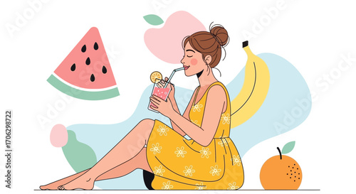 Smiling Woman Drinking Refreshing Beverage With Colorful Fruits In Illustrated Scene