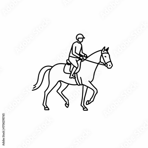 Equestrian rider gracefully guides a horse in a clean, minimalist outline illustration.