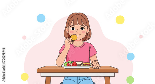 Smiling Young Girl Enjoying Healthy Snacks At A Wooden Table During Lunchtime