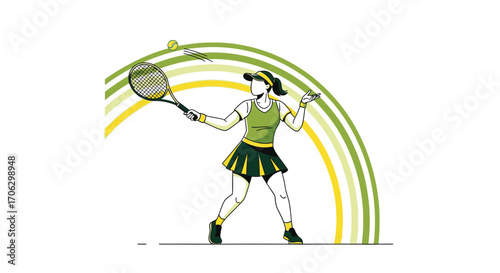Tennis Player In Action, Hitting The Ball, Sport Illustration Against White Background