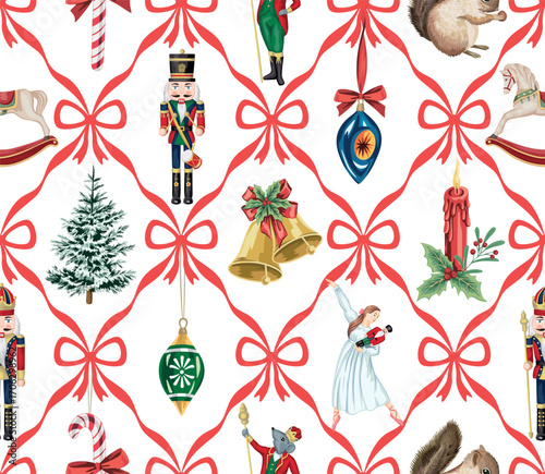Nutcracker, ballerina, mouse king, Christmas tree, golden bell, rocking horse, candy cane, candle, ball, ribbon, bow seamless pattern. Merry Christmas, New Year wallpaper.