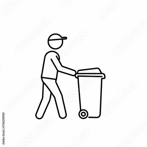 Person in a cap pushing a wheeled trash bin, simple outline illustration