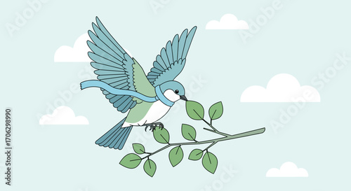 The Bird Takes Flight Amidst Clouds, Gathering Leaves on a Gentle Breeze