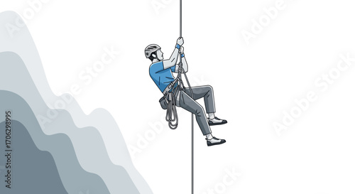 The Courageous Climber Descending With Ropes Against A White Background
