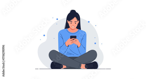 Smiling Young Lady Texting On Her Phone While Sitting In Comfortable Position