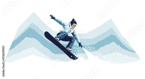 Snowboarder Soaring Through The Air With Mountainous Backdrop Winter Sports Illustration