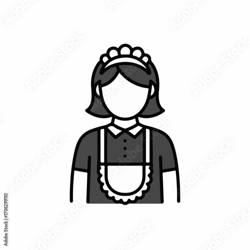 Professional cleaner in uniform with apron and headpiece, representing domestic service