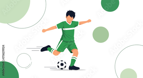 Soccer Player Kicking Ball: Dynamic Action in Green on a Clean White Background