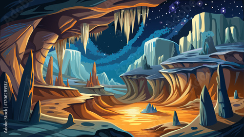 Carlsbad Caverns National Park, New Mexico, USA, unveils colossal limestone chambers filled with shimmering stalactites beneath desert plateaus and a starlit sky.