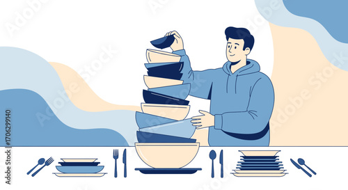 The Man Carefully Stacking Dishes and Bowls: A Serene, Simplified Visual Illustration