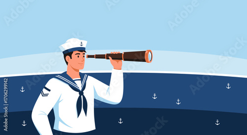 The Sailor Scans the Horizon, Foresighted at Sea, Watching the Vast Blue Ocean and Sky