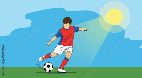 Soccer Player Kicking Ball Under Sunny Sky During The Game Action, Vector Style Illustration