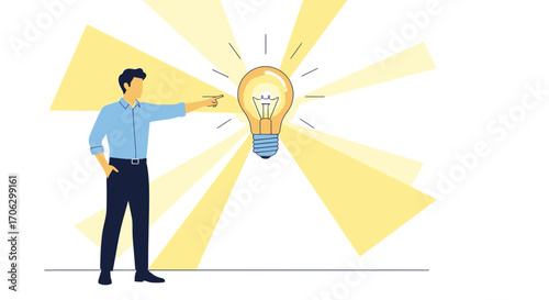 The Idea: A Man Pointing at a Bright Light Bulb representing Bright Innovation